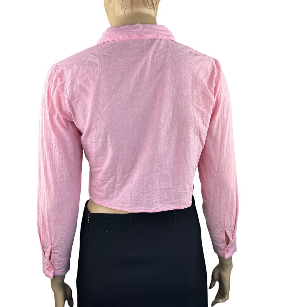 Mirrou Women Plus Pink Collared Long Sleeves Button Front Cropped Shirt 14 - Picture 4 of 5
